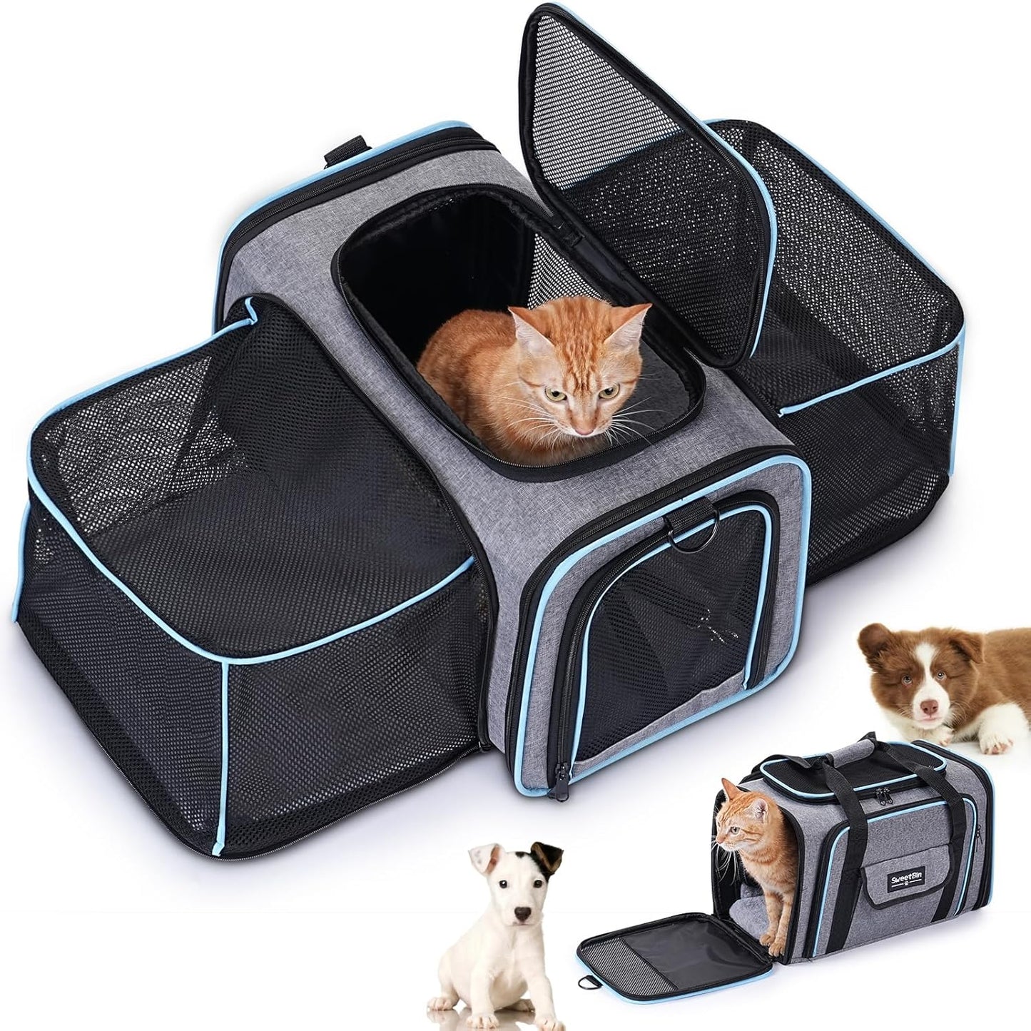 2 Sides Travel Expandable Pet Carrier Bag (Large), Soft-Sided Cat Carrier with Pad & Pocket & Removable Shoulder Strap - 18"X11"X11" Dog Carrier