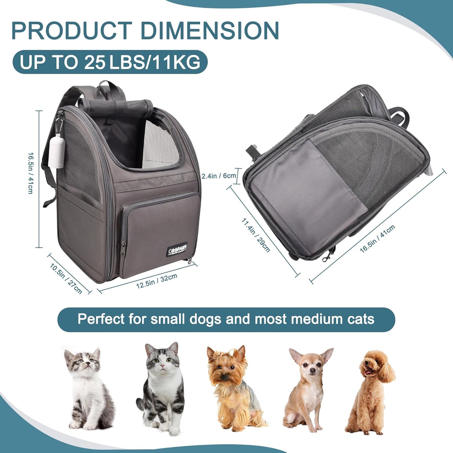 Pet Backpack Carrier for Small Dog, Puppy, Soft Carrier Backpack Ideal for Traveling, Hiking, Walking and Outdoor Activities with Family (4-Grey)