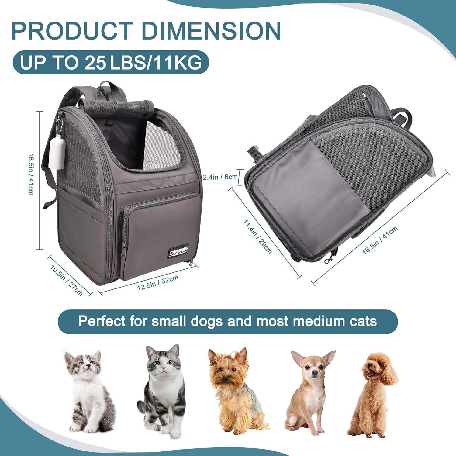 Pet Backpack Carrier for Small Dog, Puppy, Soft Carrier Backpack Ideal for Traveling, Hiking, Walking and Outdoor Activities with Family (4-Grey)