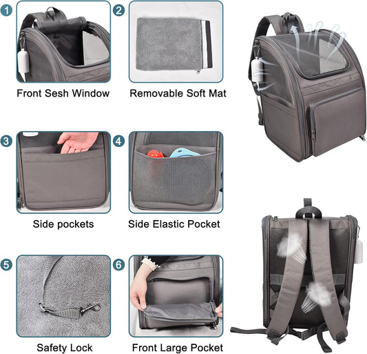 Pet Backpack Carrier for Small Dog, Puppy, Soft Carrier Backpack Ideal for Traveling, Hiking, Walking and Outdoor Activities with Family (4-Grey)