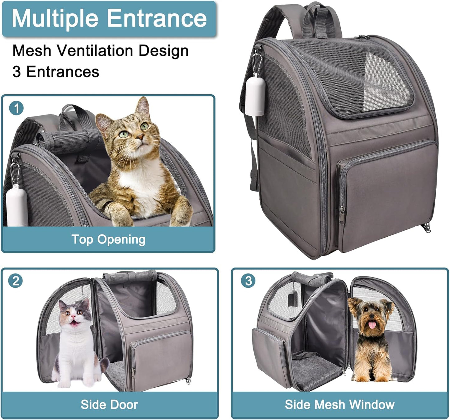 Pet Backpack Carrier for Small Dog, Puppy, Soft Carrier Backpack Ideal for Traveling, Hiking, Walking and Outdoor Activities with Family (4-Grey)