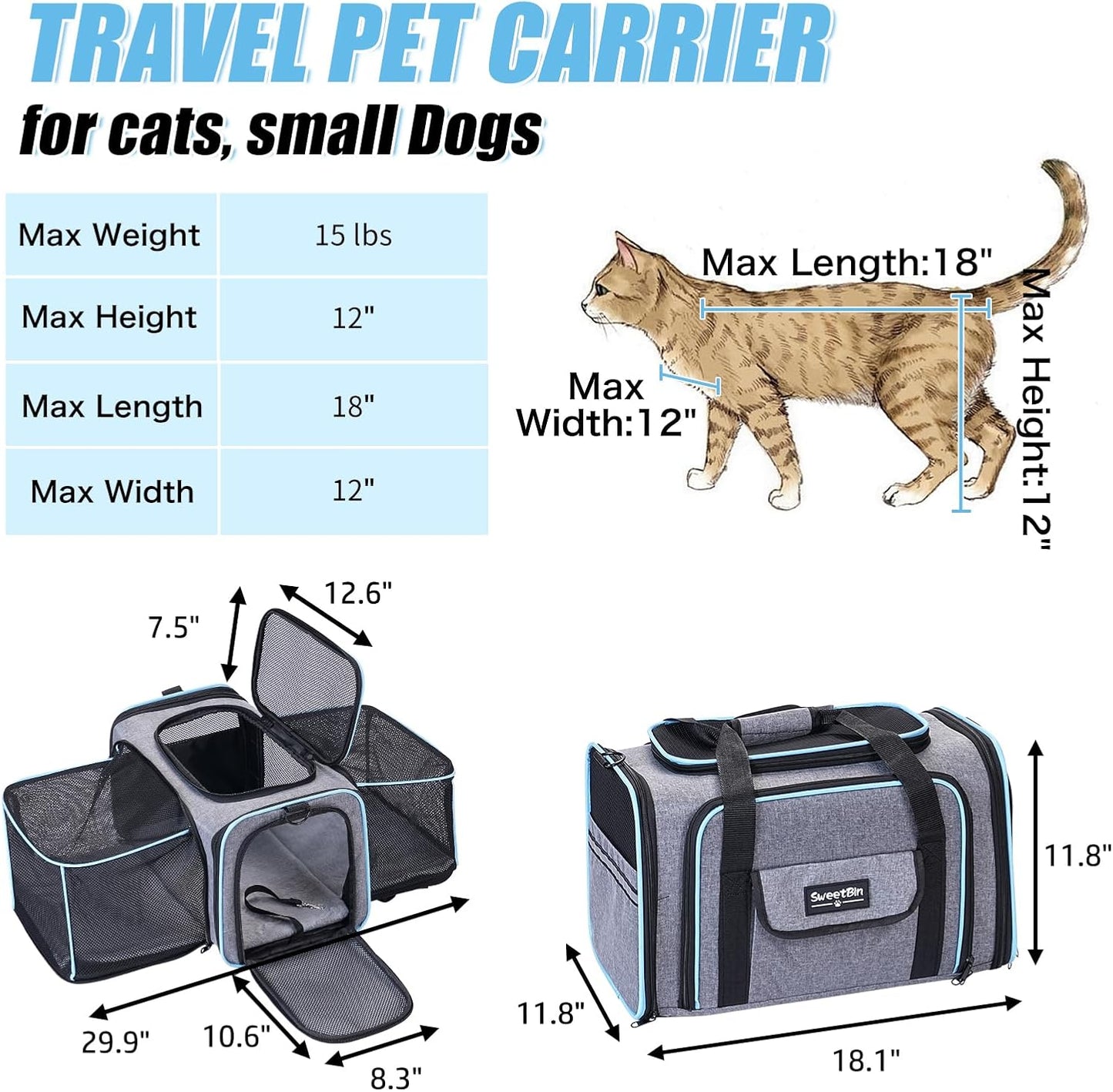 2 Sides Travel Expandable Pet Carrier Bag (Large), Soft-Sided Cat Carrier with Pad & Pocket & Removable Shoulder Strap - 18"X11"X11" Dog Carrier