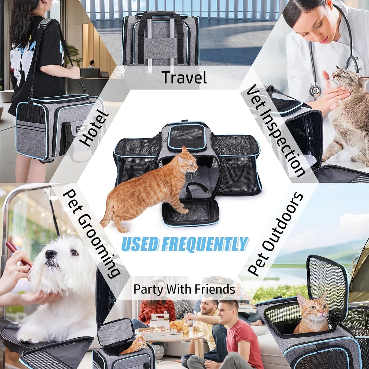 2 Sides Travel Expandable Pet Carrier Bag (Large), Soft-Sided Cat Carrier with Pad & Pocket & Removable Shoulder Strap - 18"X11"X11" Dog Carrier